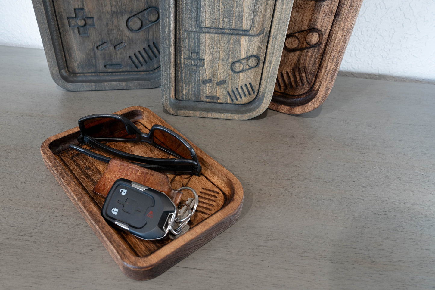 Handcrafted Wooden Tray with Retro Console Inlay