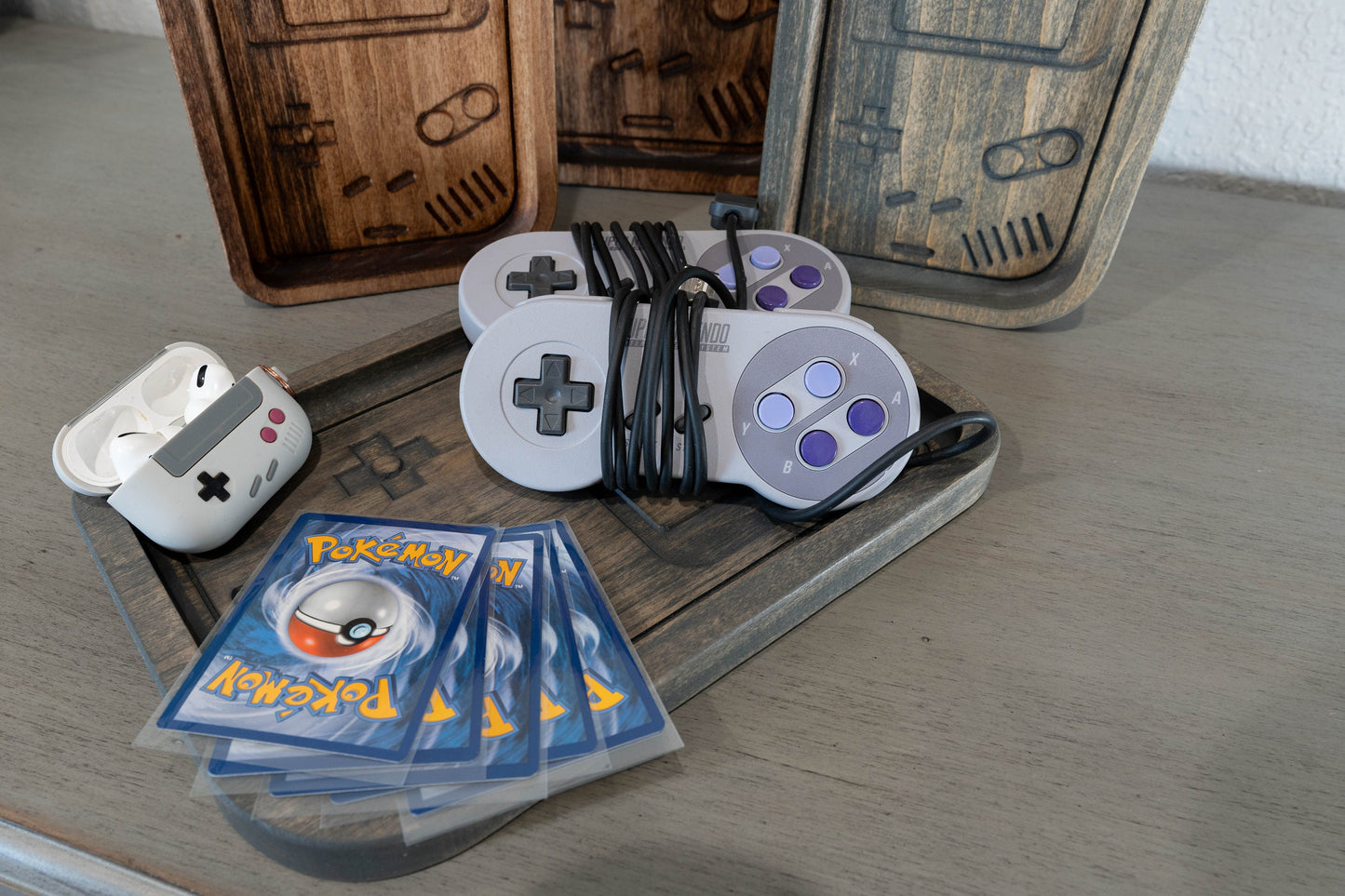 Handcrafted Wooden Tray with Retro Console Inlay
