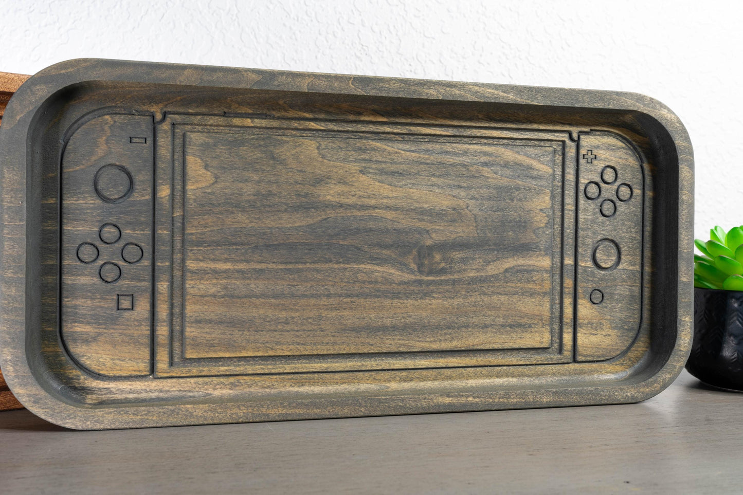 Handcrafted Wooden Tray with Modern Handheld Console Inspired Design