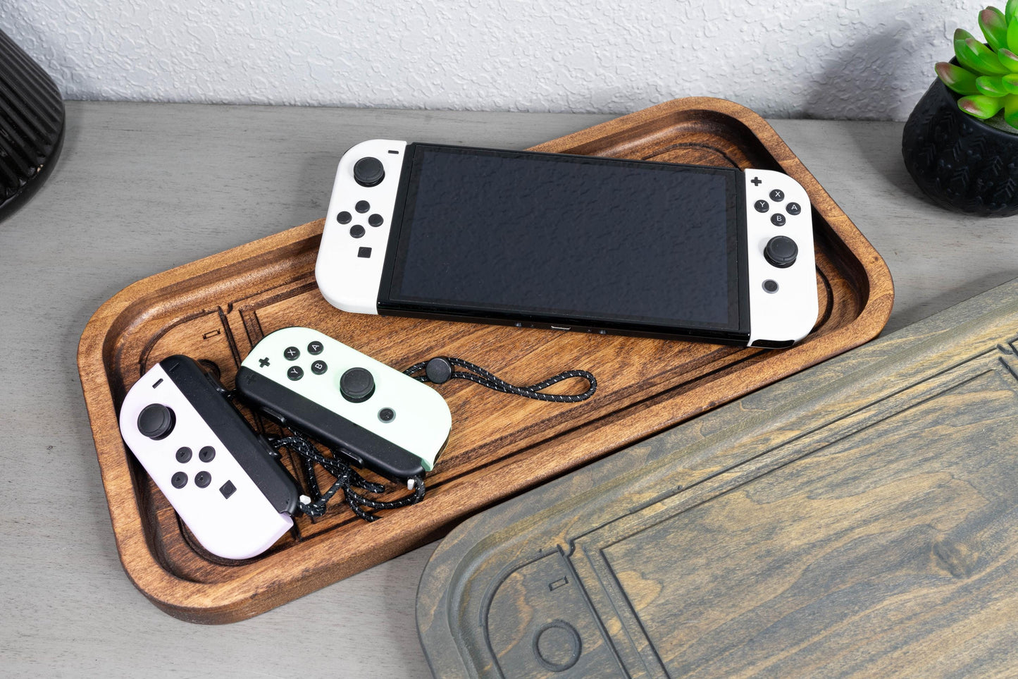 Handcrafted Wooden Tray with Modern Handheld Console Inspired Design