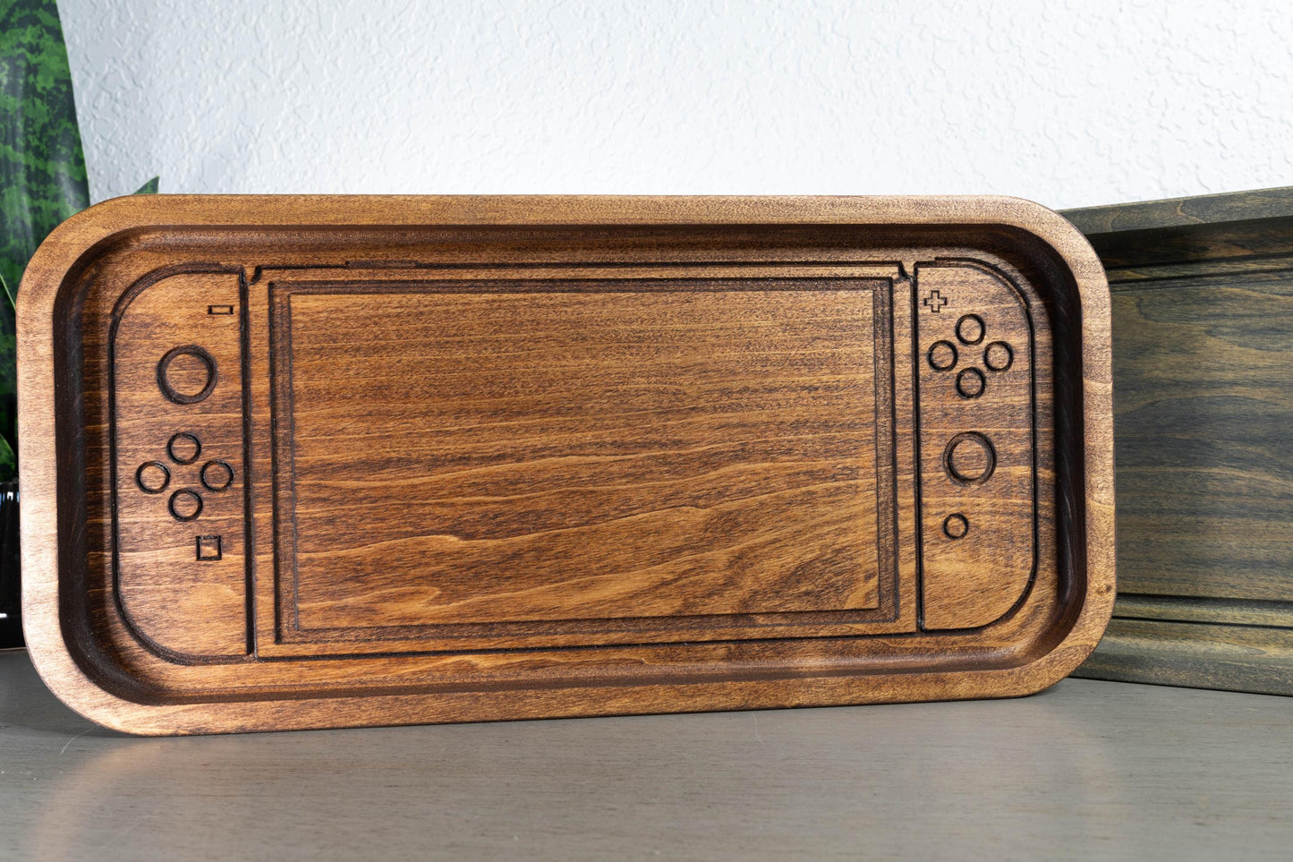 Handcrafted Wooden Tray with Modern Handheld Console Inspired Design