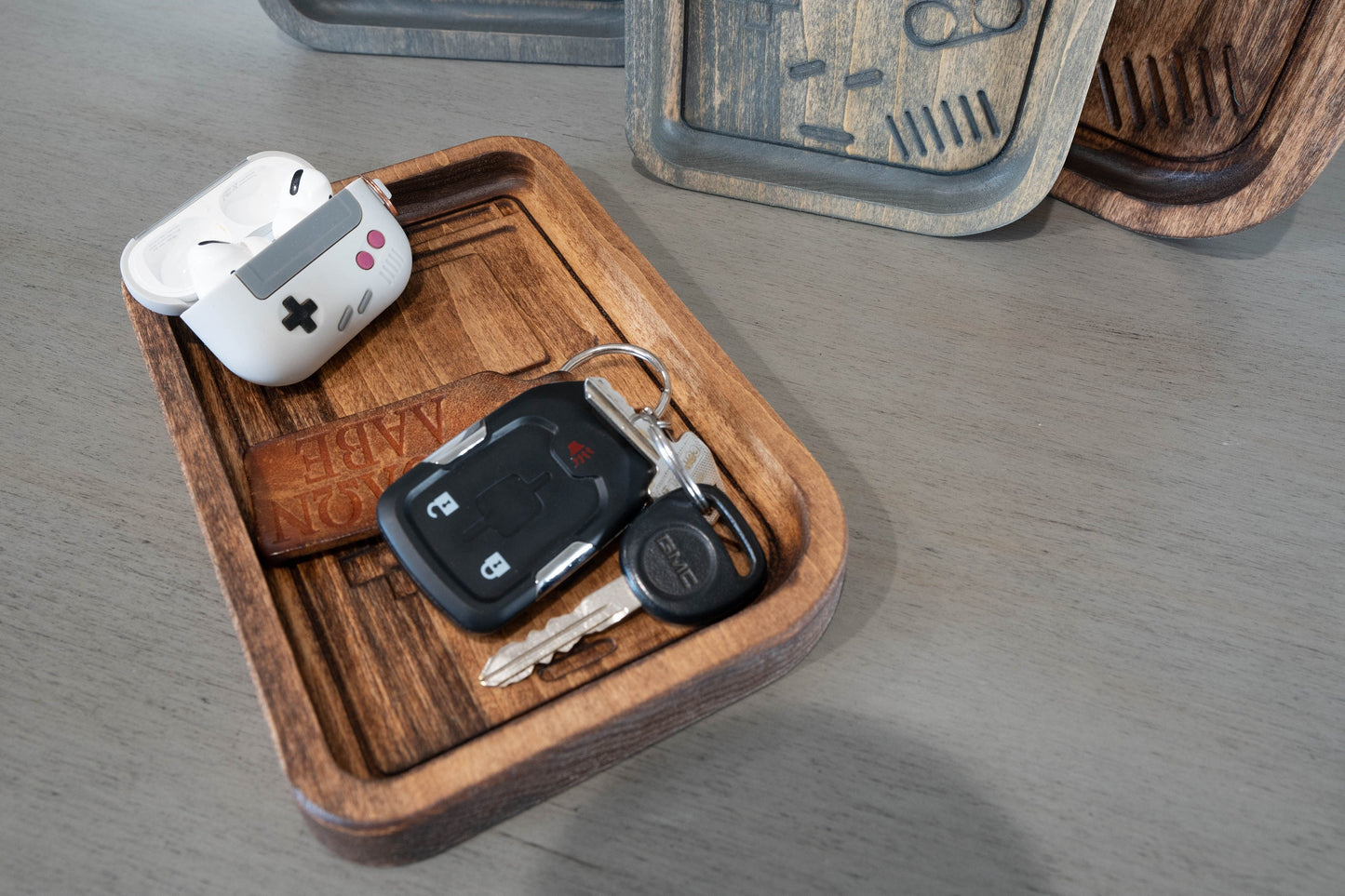 Handcrafted Wooden Tray with Retro Console Inlay