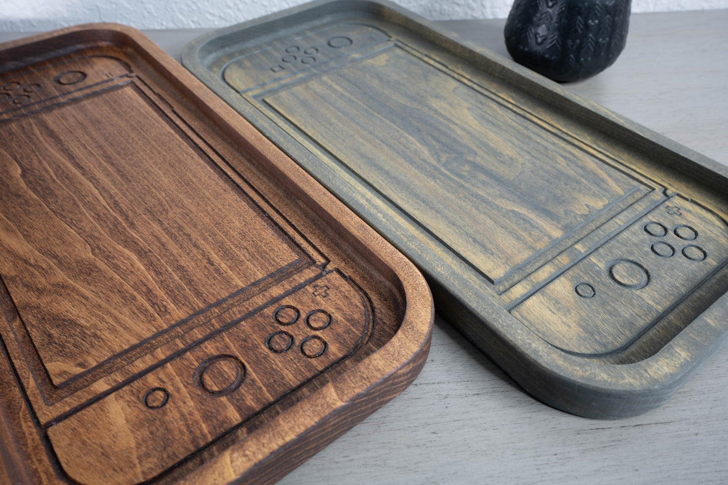 Handcrafted Wooden Tray with Modern Handheld Console Inspired Design