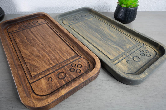 Handcrafted Wooden Tray with Modern Handheld Console Inspired Design